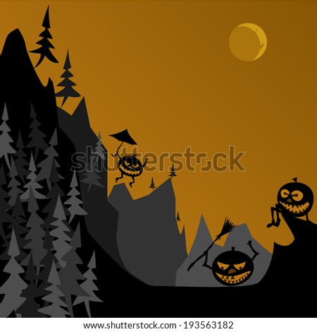 Funny halloween pumpkins in autumn forest . Space for your Halloween holiday text.
