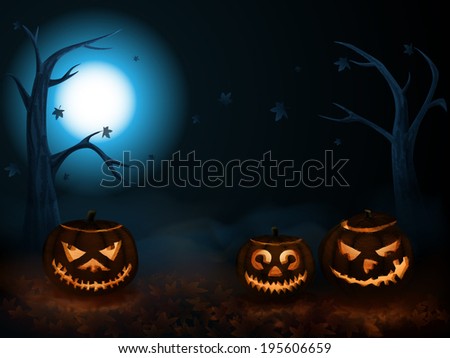 Scary halloween pumpkins in autumn forest in the mist. Space for your Halloween holiday text.