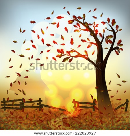 Sunny autumn landscape of trees and fallen leaves. Place for your text. Vector illustration.