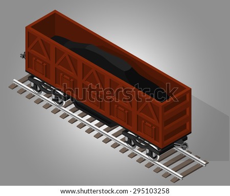 Vector isometric illustration of  open rail car for transportation of bulk cargoes. Rail transportation.