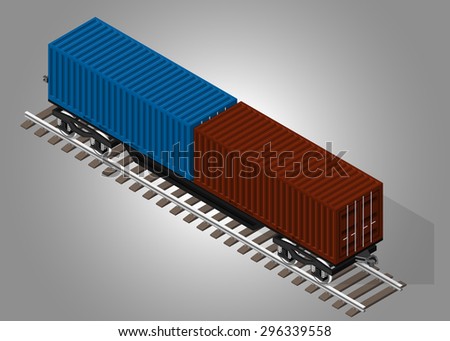 Vector isometric illustration of rail platform for transportation of containers. Rail transportation.