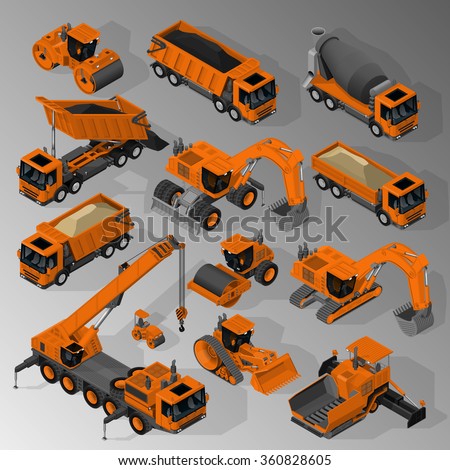 Vector isometric set of equipment for the construction industry consisting of mixer truck, dump trucks, tracked and wheeled excavators, road rollers, asphalt paver, bulldozer and mobile crane.