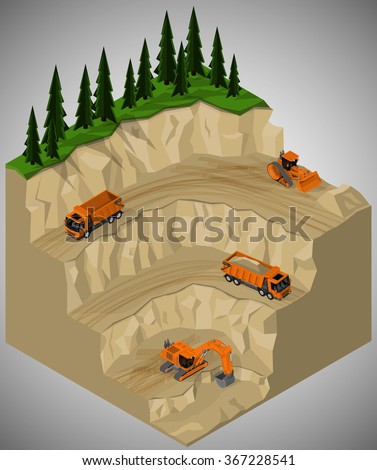 Vector isometric illustration of sand quarry development and involving machinery. Equipment for high-mining industry.