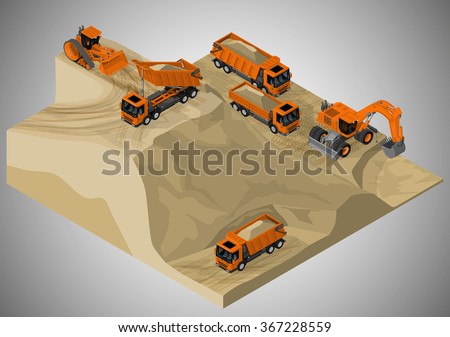 Vector isometric illustration of sand quarry and machinery technician involved in the extraction of sand. Equipment for high-mining industry.