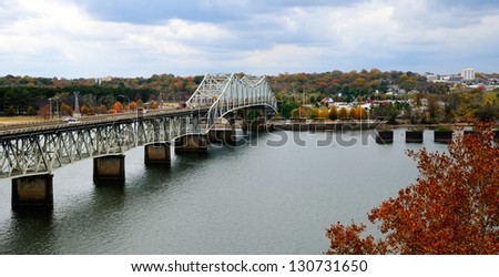 Beautiful Fall view of Oneal Bridge over the Tennessee River at Florence Alabama