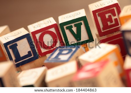 Wooden, colorful educational blocks make up the word \