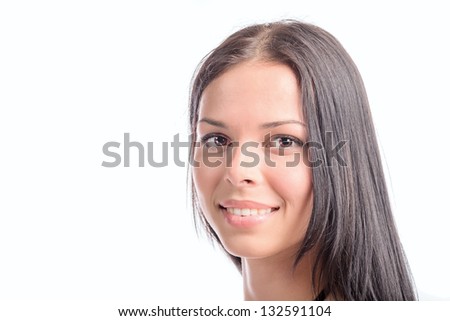 Front portrait of the smiling woman with beauty face isolated on white background. Beautiful Brunette Woman deep  amazing Look. Clear Fresh Skin. Girl on a White. Skincare concept. Beauty Model