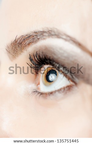 Macro shot of woman\'s eye with long eyelashes. Sexy looking eye look