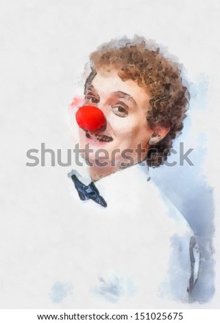 Watercolor painting Funny businessman with red clown nose studio shot. Concept or idea of unusual things.