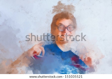 Oil painting Portrait of a man with nerd glasses n studio fun. Head and shoulders shot, gesturing.