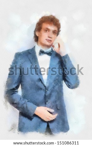 Watercolor painting Evening fashion suit. Portrait of handsome man in the black suit with bow tie