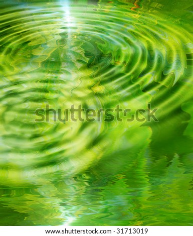Green leaves reflected in water with ripples