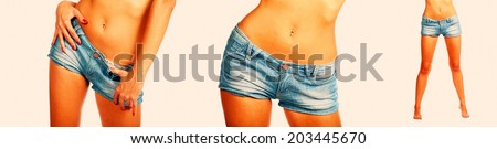 Sexy beautiful young woman wearing denim shorts. Female waist and hips isolated on white background. Woman in jeans texas shorts