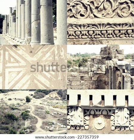 Ancient roman architecture - ruined buildings with pillars and weathered  marble ornament, famous place Side (Turkey)