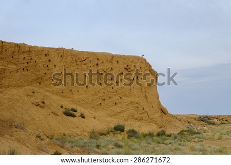 Desert orange clay cliff with holes of swallow nest,  a lot of copy-space on a sky