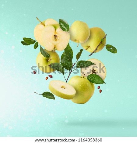 Flying in air Green fresh whole and cut apples and leaves over blue background with bokeh and light, food levitation concept, high quality