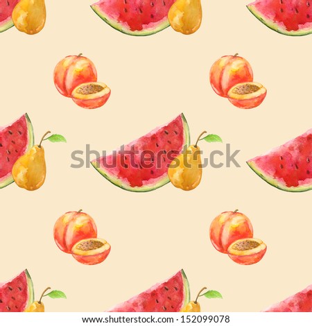 Watercolor seamless pattern with watermelon, pear and peach