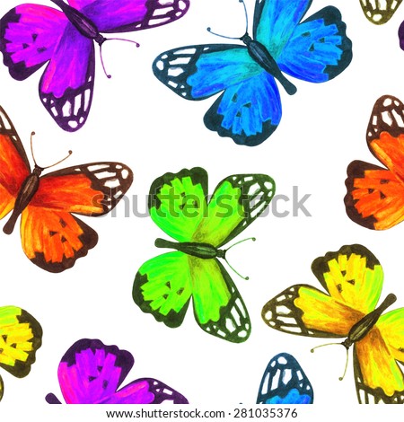 Watercolor seamless pattern with colorful butterflies on white background. Hand painting on paper