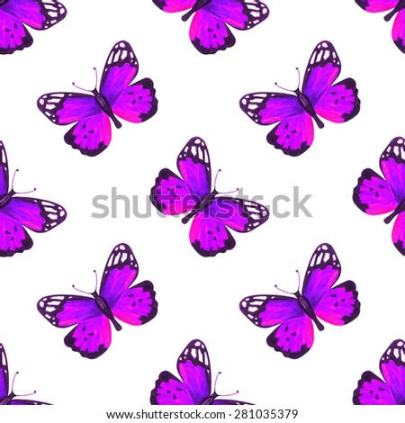 Watercolor seamless pattern with colorful butterflies on white background. Hand painting on paper