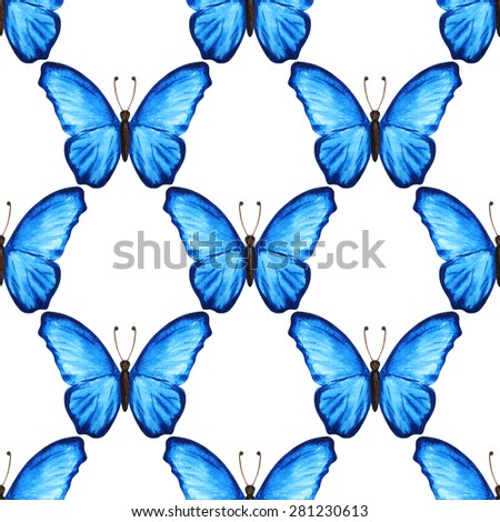 Watercolor seamless pattern with blue butterflies on white background. Hand painting on paper