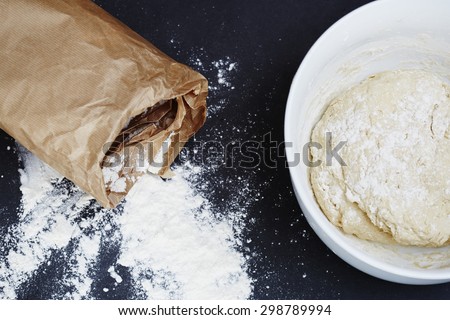 Scattered flour and dough for bread making