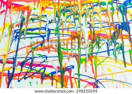 Background of colorful dripping paints on white wall with selective focus and shallow depth of field