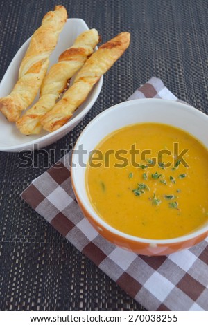 Coconut Sweet Potato Soup with Cheese Sticks Puff Pastry