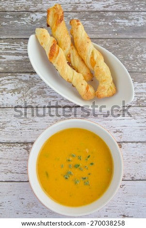 Sweet Potato Soup with Cheese Sticks Puff Pastry