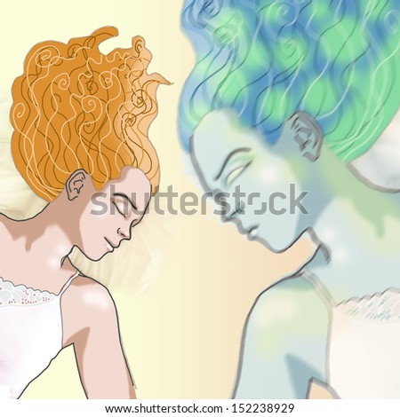 Young girl dreaming. On the left side woman sleeping peaceful , on the right side blue skinned girl with green hair and evil face