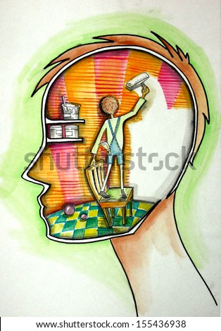 Reform of Mind. Illustration of a boy coloring walls in white  inside humans head. Section sketch