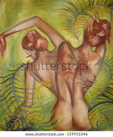 Alter ego. Painting of a women's back with mimosas background
