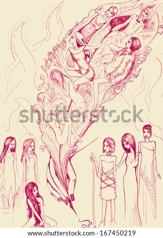 Conceptual drawing. Girls and goddesses. Vintage sketch illustration