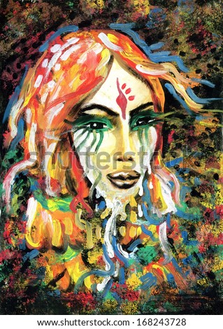 Portrait of a sad red haired Indian woman. Painting  with abstract rainbow painted background
