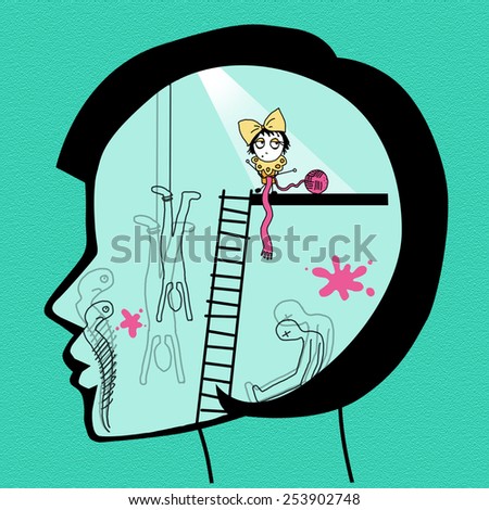 Inside girl\'s head. Conceptual illustration of ignoring. Female head section