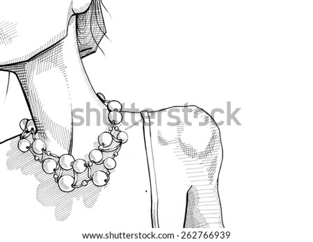 Sensual close up portrait of a woman with naked neck and shoulder. Wearing modern necklace. Beauty and fashion concept. Isolated on white