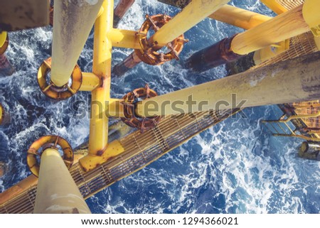 Offshore drill yellow oil and gas production petroleum pipeline.