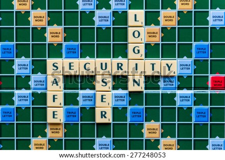 March 3, 2015 - Dhaka, Bangladesh - illustrative editorial of Scrabble tiles spelling Security, Safe, user, login