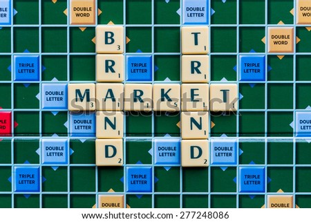 March 3, 2015 - Dhaka, Bangladesh - illustrative editorial of Scrabble tiles spelling brand,market, trend