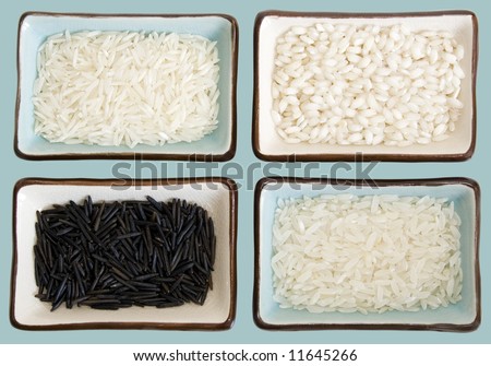 Four little dishes full of rice (from up right clockwise: Basmati, Arborio, Carolina gold, Wild rice. It has a clipping path.