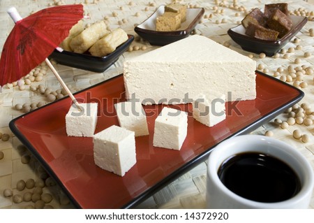 Different soy products: tofu cheese, smoked tofu, fried tofu, soy sauce, soy beans. Focus on the tofu at the front.