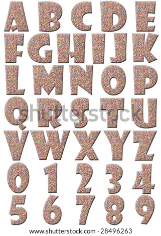 Every letter of the alphabet and numbers from o to 9 made with sprinkles isolated on white background. It has a clipping path. Suitable for patisserie, birthday and baking related designs.