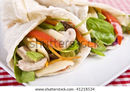 Veggie wrap filled with various vegetables and cheese. Selective focus.