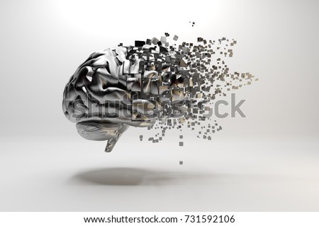 3D illustration. A metallic brain floating on a white background and  breaking down into small particles.