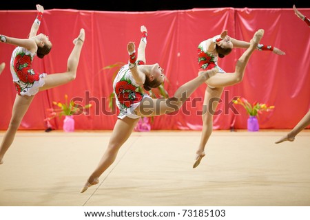 ROSTOV-ON-DON, RUSSIA - MARCH 13: unidentified participants in action at 9 International Tournament in Aesthetic Group Gymnastics AGG Oscar Cup, March 13, 2011 in Rostov-on-Don, Russia