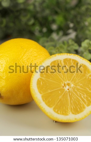 Fresh cut lemons on a wooden table with fresh herbs in background