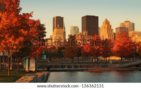 Buildings in the old port of Montreal early in the morning during fall season