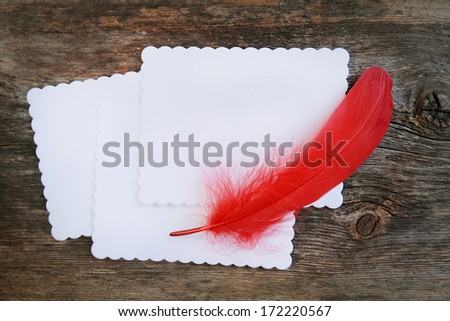 Red feather on a blank white paper. Wooden background.