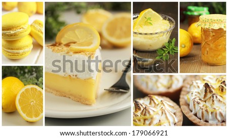 Collage of Lemon dessert and sweet like macaron, tart, pudding and marmalade