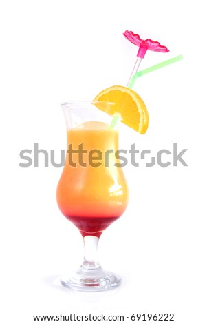 Tequila sunrise with fruits on a white background