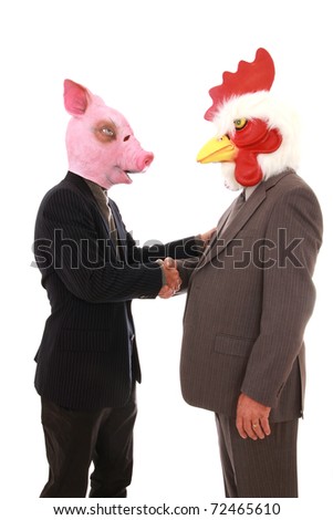 Two business man with animals mask, pig and chicken shaking hands on a white background